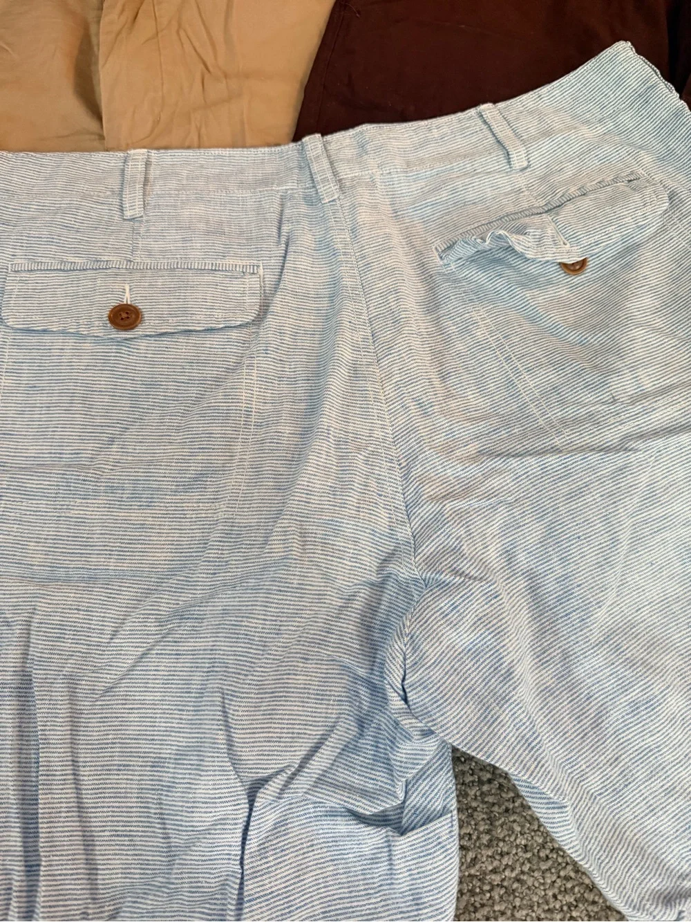J. Crew Men's Three-Pack Flat Front Shorts - Light Blue Striped, Tan & Burgundy